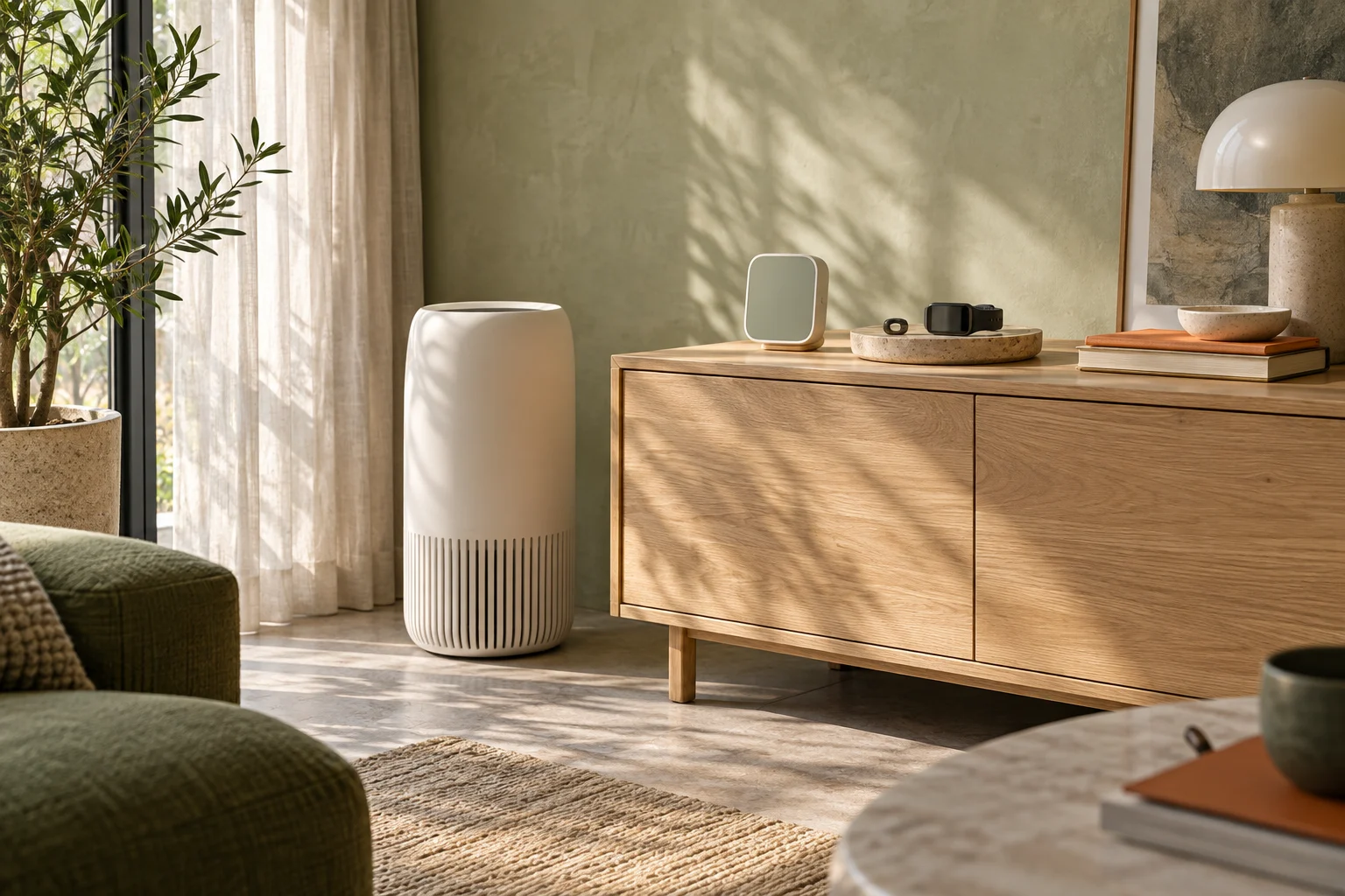 Air purifier, indoor sensor and wearables in a sunlit living space