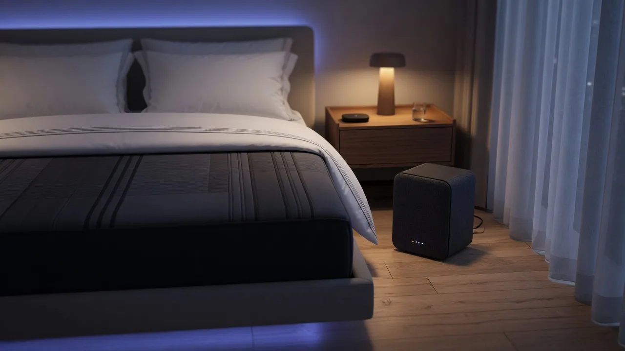 High-tech bedroom with a dual-zone thermal mattress cover and bedside climate hub