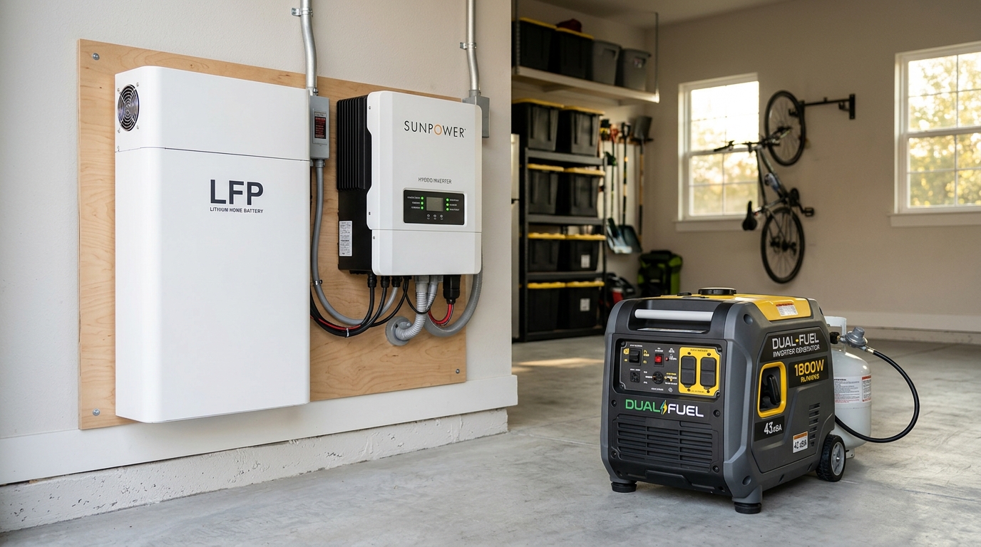 Home lithium iron phosphate battery wall storage versus portable dual-fuel inverter generator