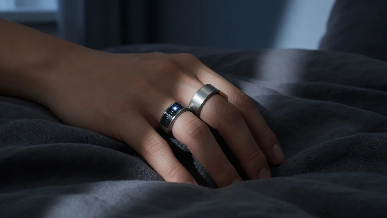 Titanium sleep-tracking ring on an adult hand against dark linen bedding