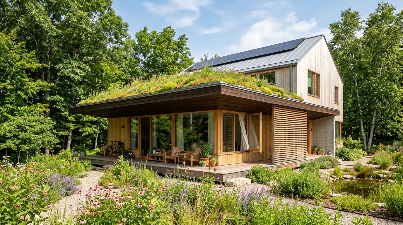 Modern sustainable home with passive cooling overhangs, native garden, and green living roof