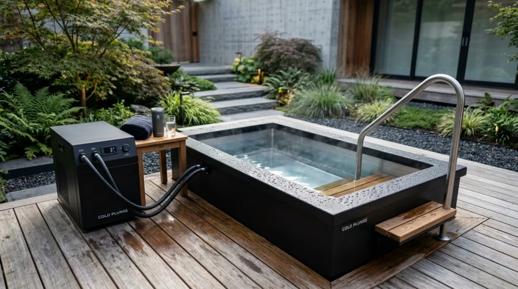 Plunge Cold Tub with Commercial Pro Chiller system in home recovery studio