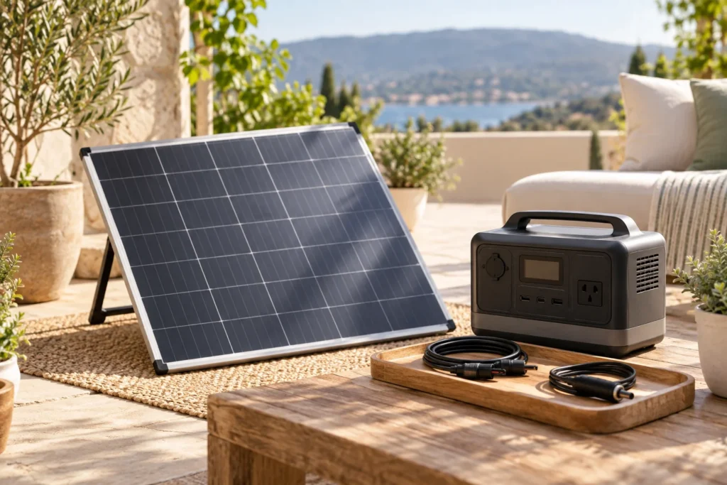 A portable solar panel and disconnected charging cables on a dry terrace
