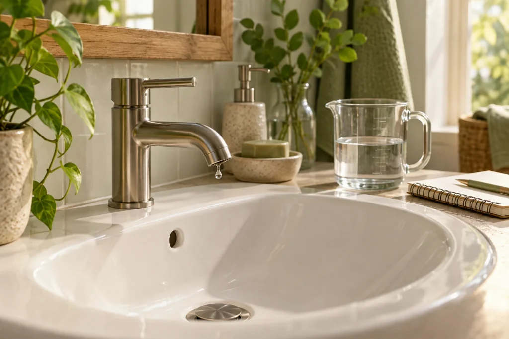 A bathroom faucet, measuring jug and notebook for a household water audit
