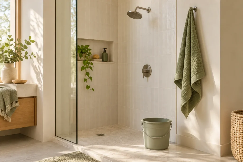A showerhead and measuring bucket in a simple bathroom