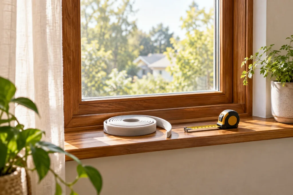 Weatherstripping and a measuring tape beside a closed window