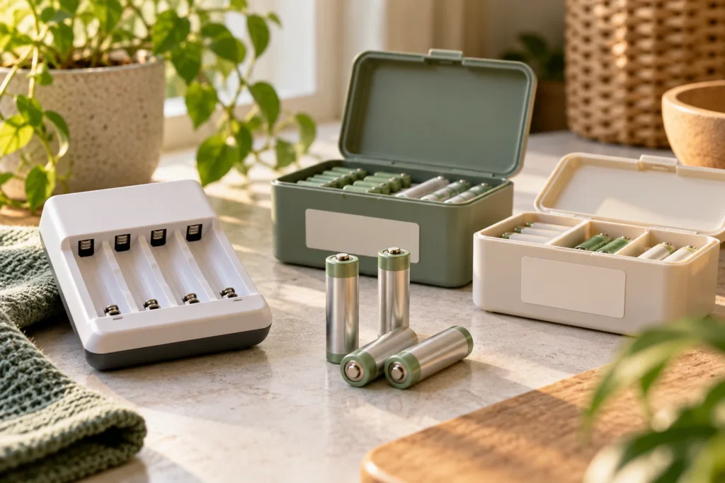 Rechargeable AA batteries, an unplugged charger and storage boxes