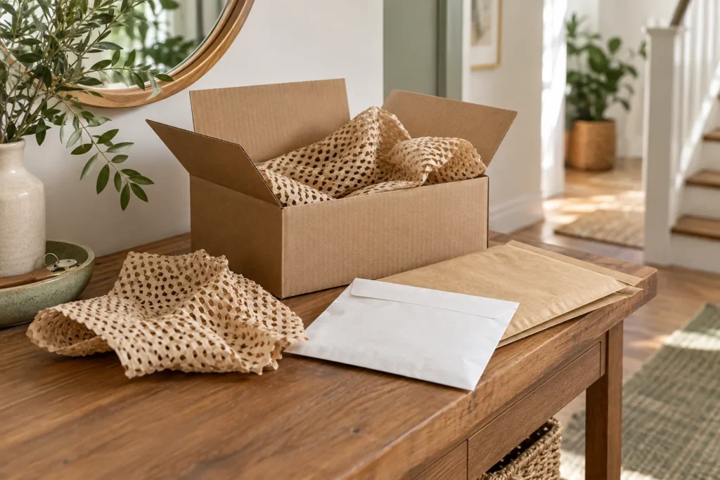 A reused shipping box and paper packing materials