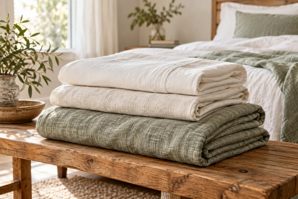 Cotton and linen bedding folded on a bedroom bench
