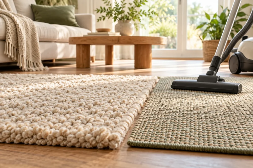 Textured rug samples and a vacuum in a living room