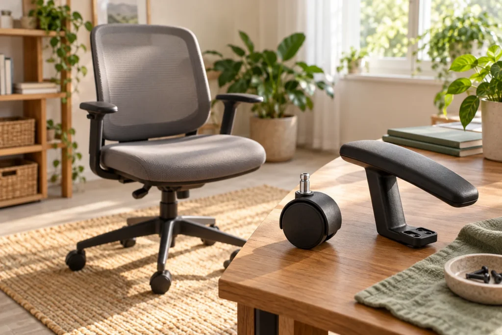 An office chair with spare caster and armrest parts