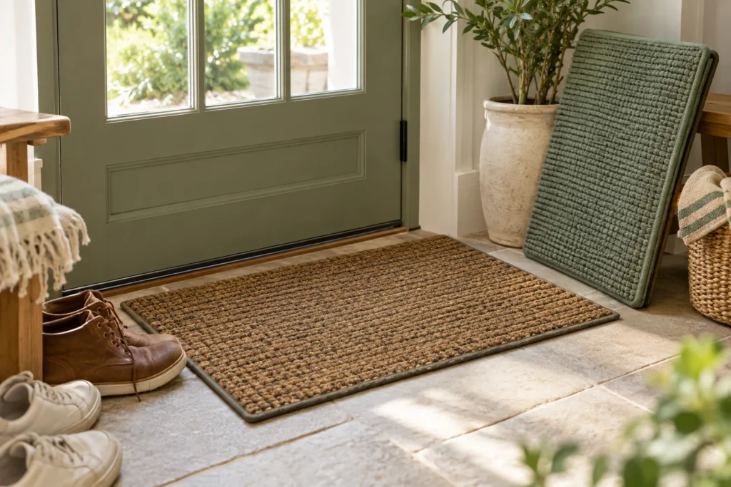 A textured doormat at a tidy household entrance