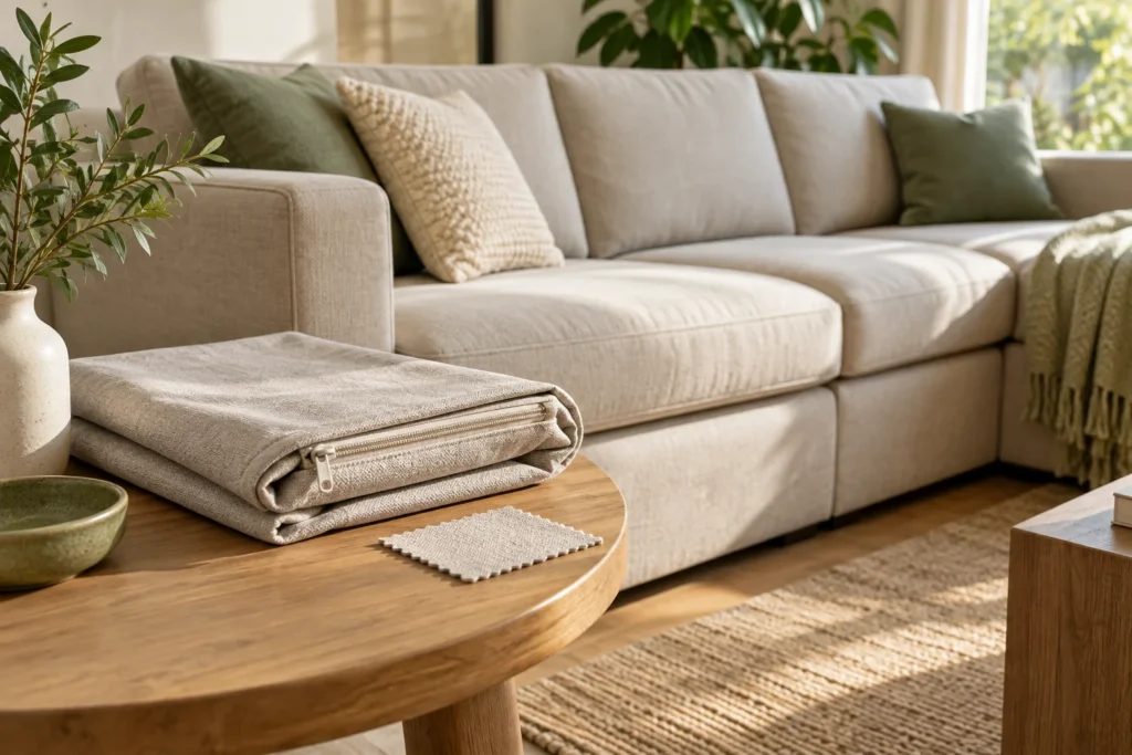 A fabric sofa and removable cover prepared for care