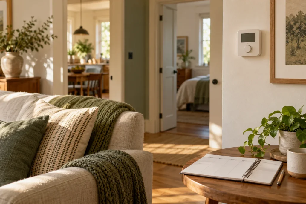 A wall thermostat and a household planning notebook