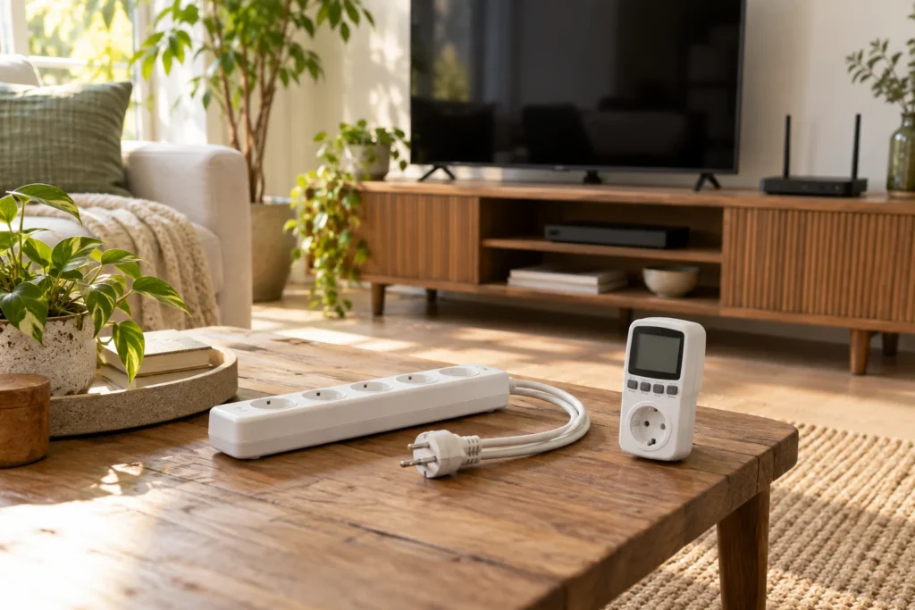 A plug-in energy meter and power strip beside home electronics