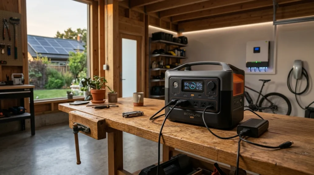 BLUETTI AC200L Portable Power Station with telemetry display in workshop