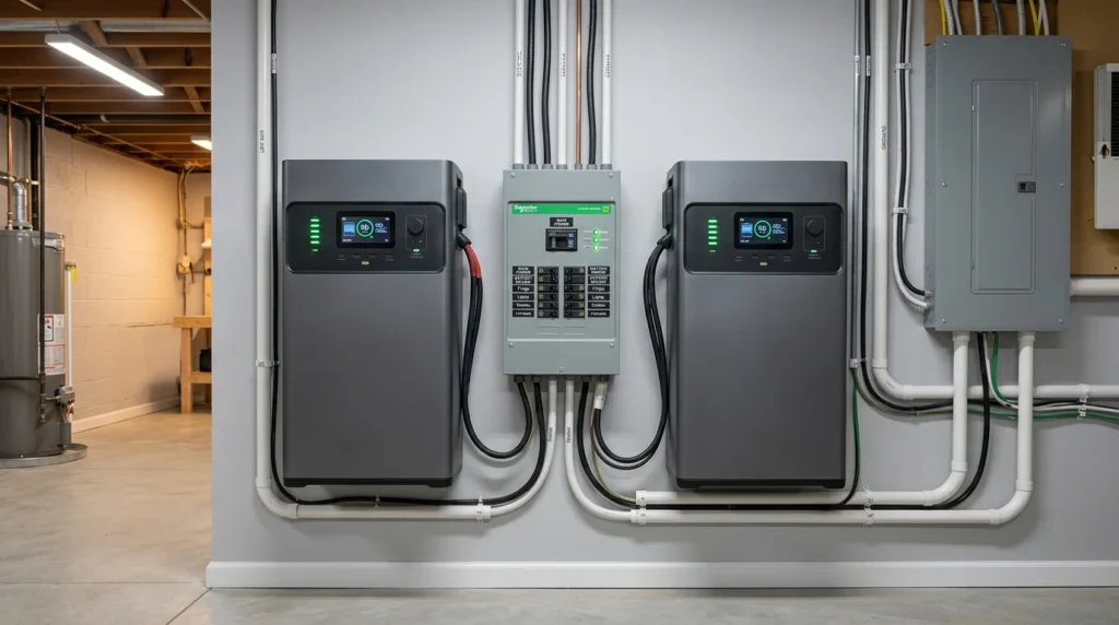 BLUETTI and EcoFlow home battery backup units connected to transfer switch