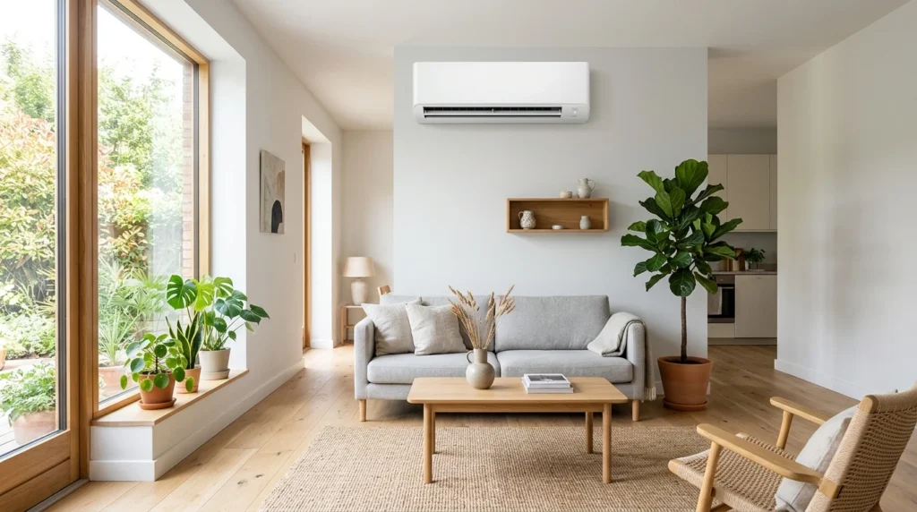 Ductless inverter mini split heat pump unit installed in modern living room