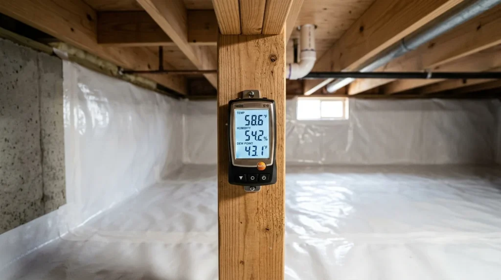 Precision Psychrometer Measuring Crawl Space Humidity and Dew Point