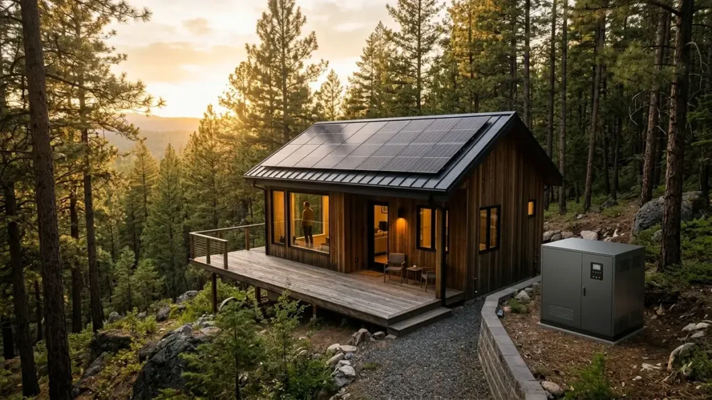 Off-grid solar cabin with rooftop panels and LiFePO4 battery storage enclosure