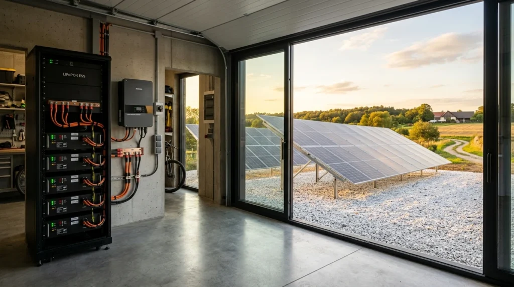 Eco-Worthy 48V 100Ah LiFePO4 server rack battery bank and outdoor ground-mounted bifacial monocrystalline solar array