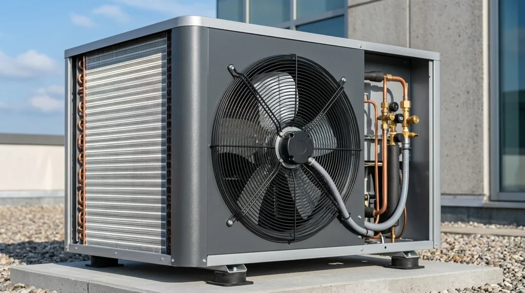 Engineering close-up of high efficiency inverter heat pump condenser coils and fan