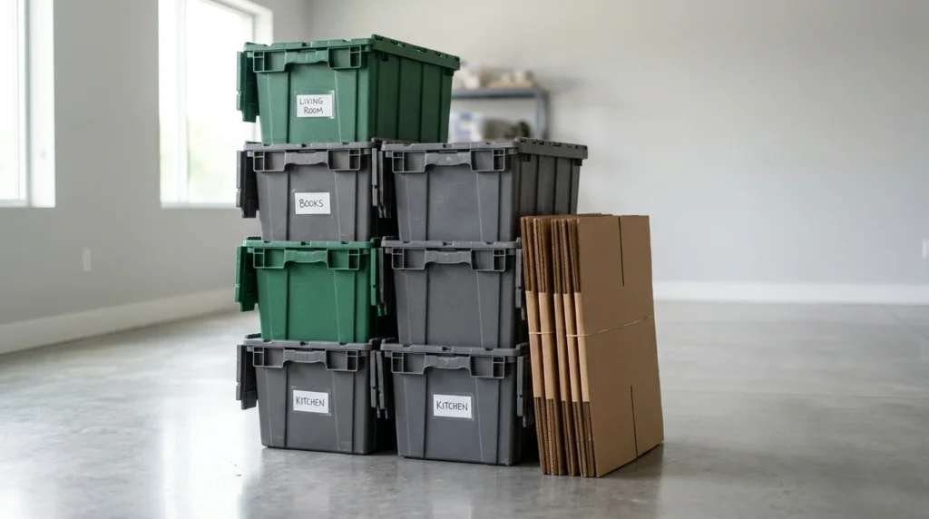 Stack of durable reusable plastic moving boxes beside corrugated cardboard boxes