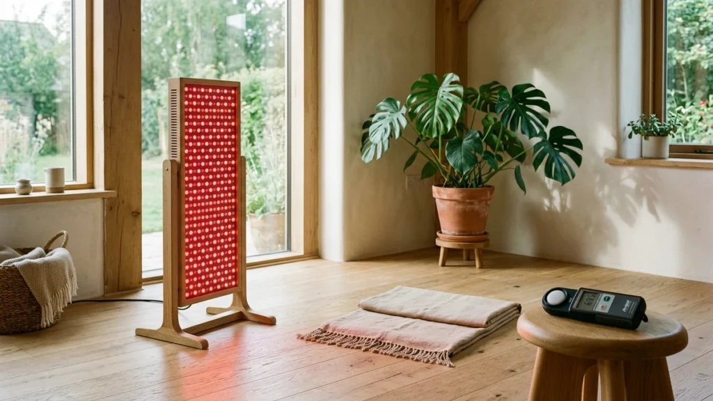 Vellgus Red Light 660nm and 850nm photobiomodulation therapy panel on wooden stand in sustainable home wellness studio with solar irradiance meter